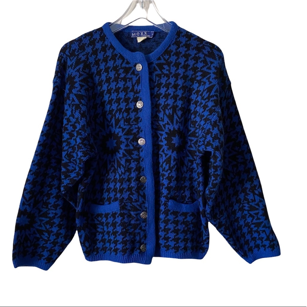 MEXX Emanuelle Women’s Geometric Print Blue Black Cardigan Medium